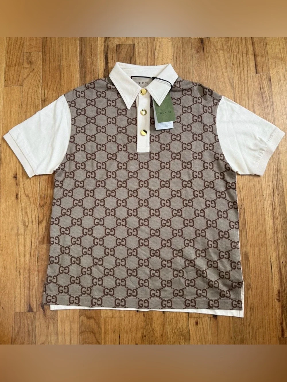 Gucci Brown GG Monogram Polo with White Sleeves